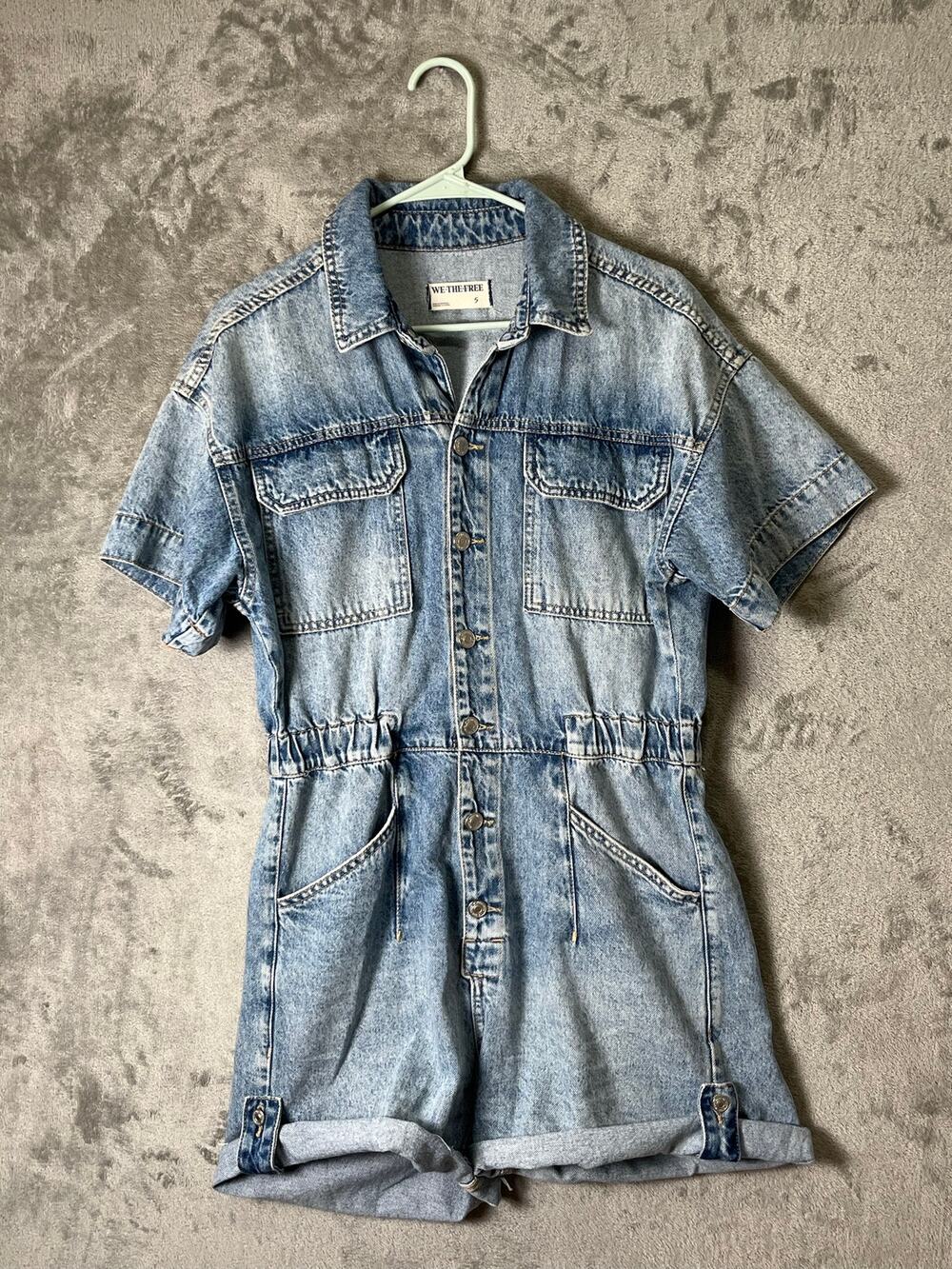 Free People Marci Denim Cuffed Romper Blue Button Front Utility Shortalls Small